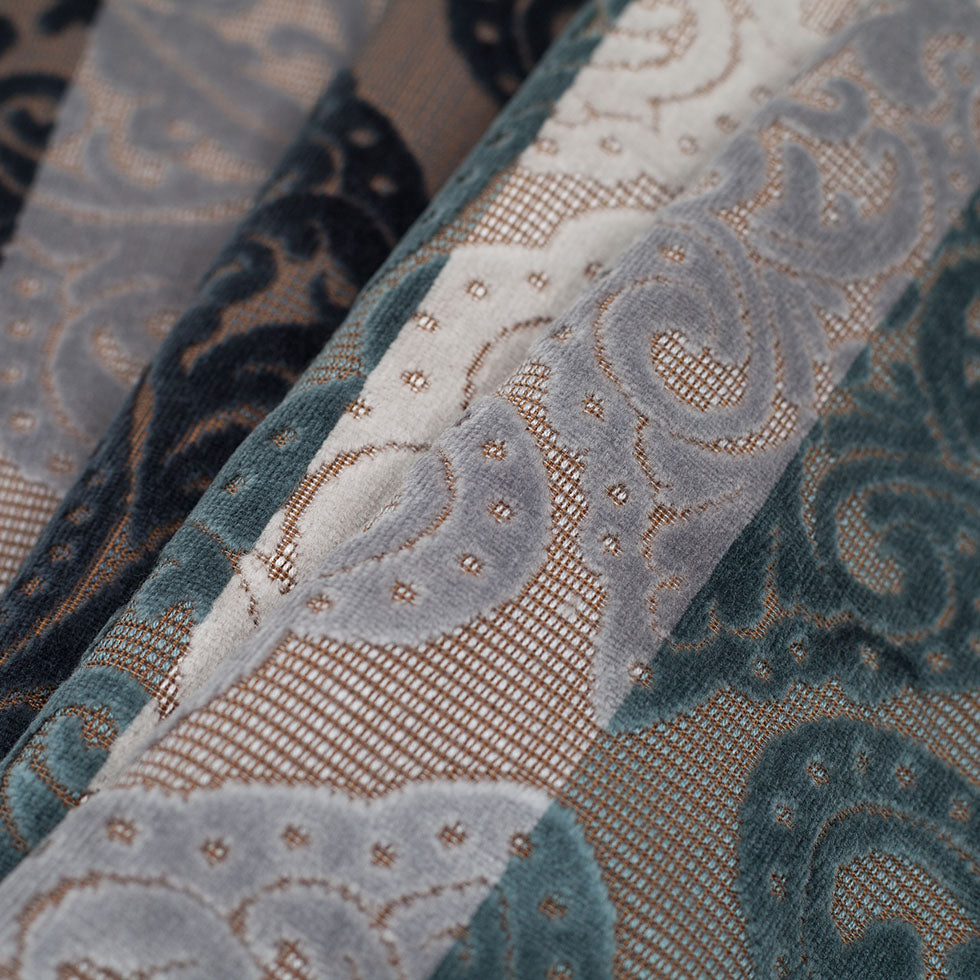 Blue/Brown Stiped Damask Cut-Out Velvet Folded Blue/Brown Stiped Damask Cut-Out Velvet Folded