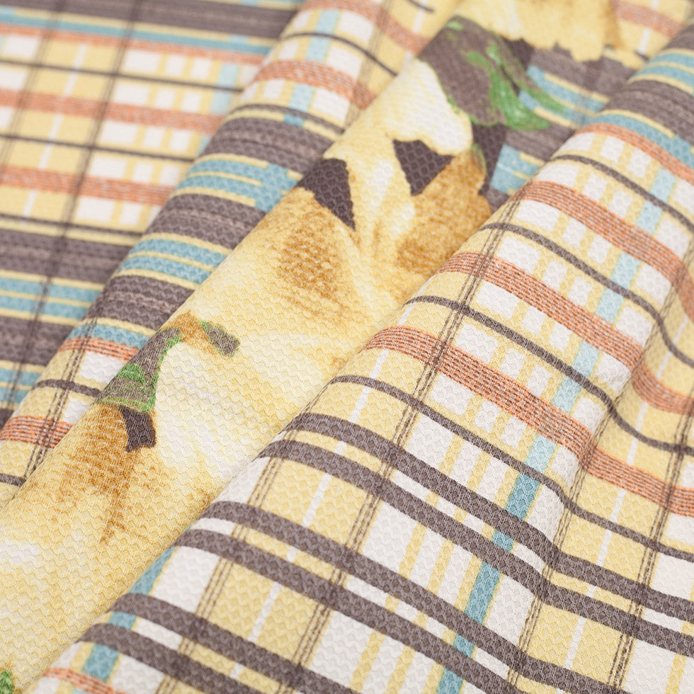 Blue/Yellow Plaid Cotton Pique With Floral Detail - Folded Blue/Yellow Plaid Cotton Pique With Floral Detail - Folded