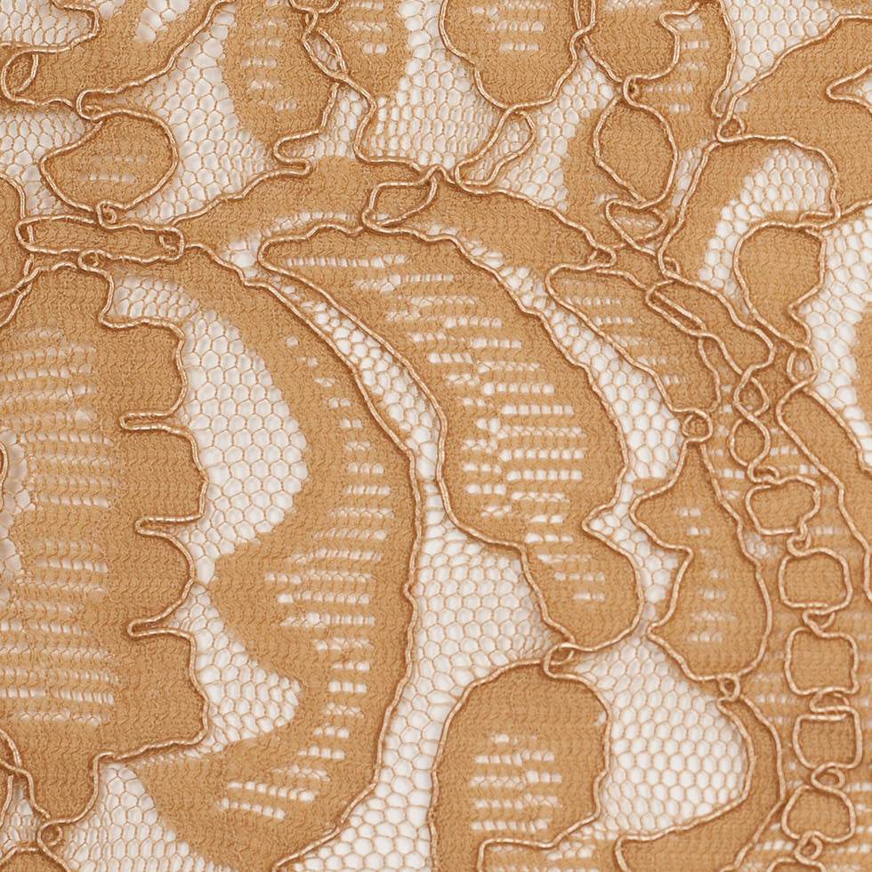 Re-Embroidered Lace with Scalloped Edge - Camel Floral Detail Re-Embroidered Lace with Scalloped Edge - Camel Floral Detail