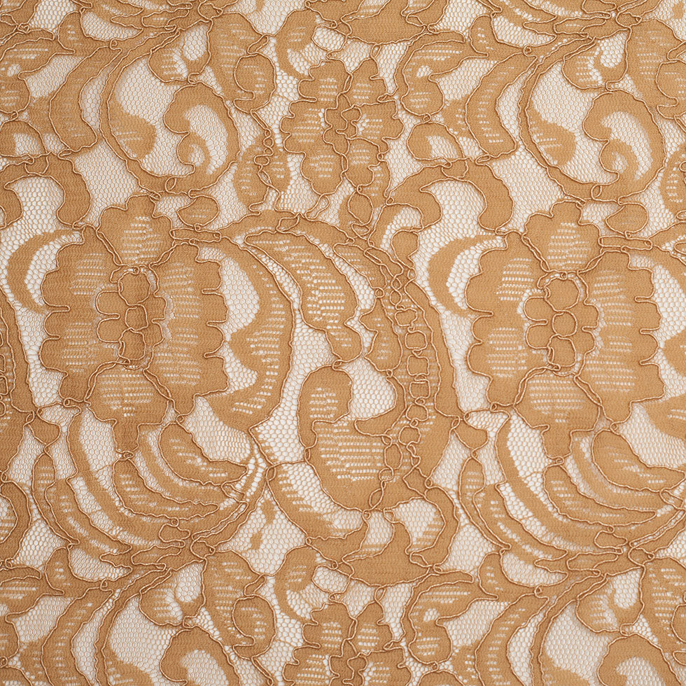 Re-Embroidered Lace with Scalloped Edge - Camel Floral Re-Embroidered Lace with Scalloped Edge - Camel Floral