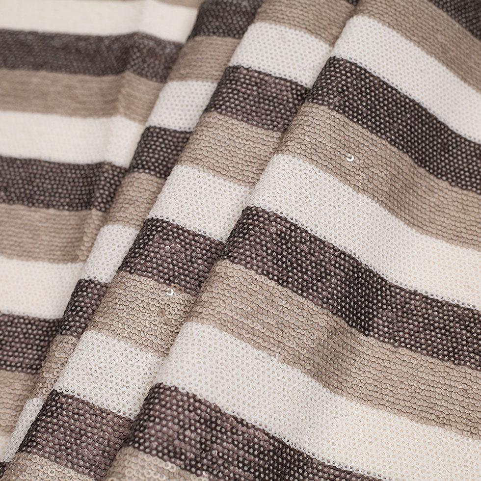 Beige/Brown/White Striped Baby Sequins on Polyester Mesh - Detail Beige/Brown/White Striped Baby Sequins on Polyester Mesh - Detail