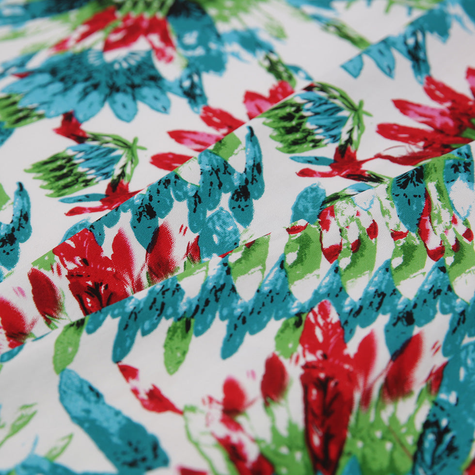 Teal/Green/Red Feather Printed Stretch Cotton Twill Detail Teal/Green/Red Feather Printed Stretch Cotton Twill Detail