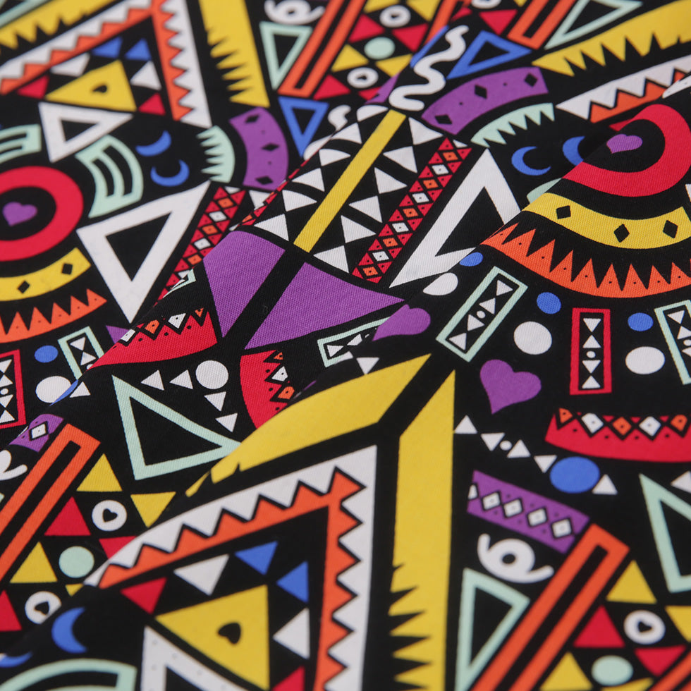 Purple/Yellow Multicolor Geometric Printed Stretch Cotton Twill - Folded Purple/Yellow Multicolor Geometric Printed Stretch Cotton Twill - Folded