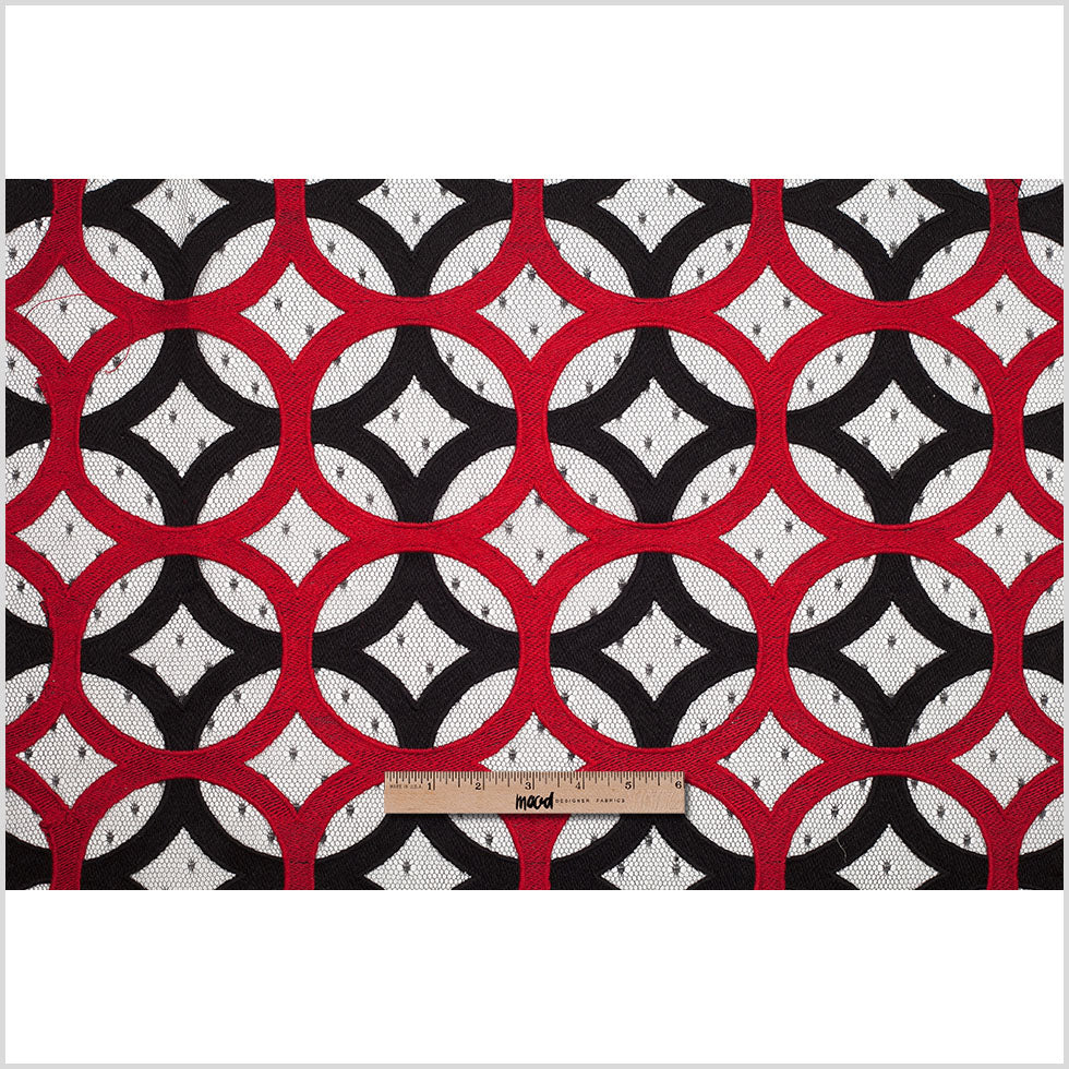 Black and Red Circular Geometric Nylon Lace with Netting Folded Black and Red Circular Geometric Nylon Lace with Netting Folded