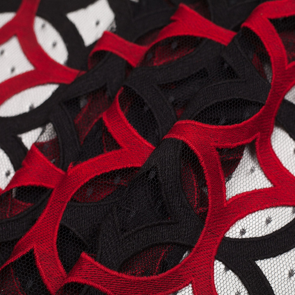 Black and Red Circular Geometric Nylon Lace with Netting Detail Black and Red Circular Geometric Nylon Lace with Netting Detail