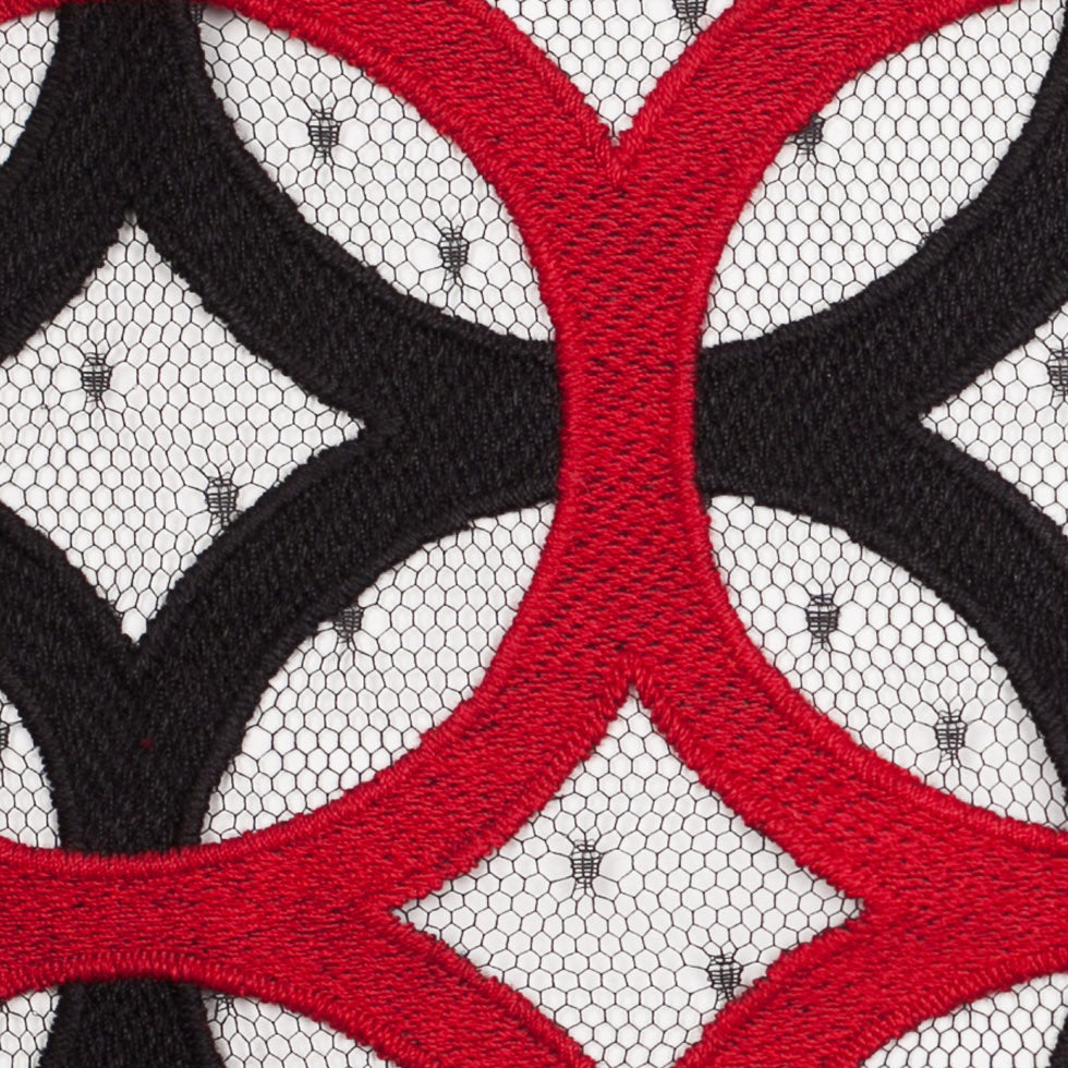 Black and Red Circular Geometric Nylon Lace with Netting Full Black and Red Circular Geometric Nylon Lace with Netting Full
