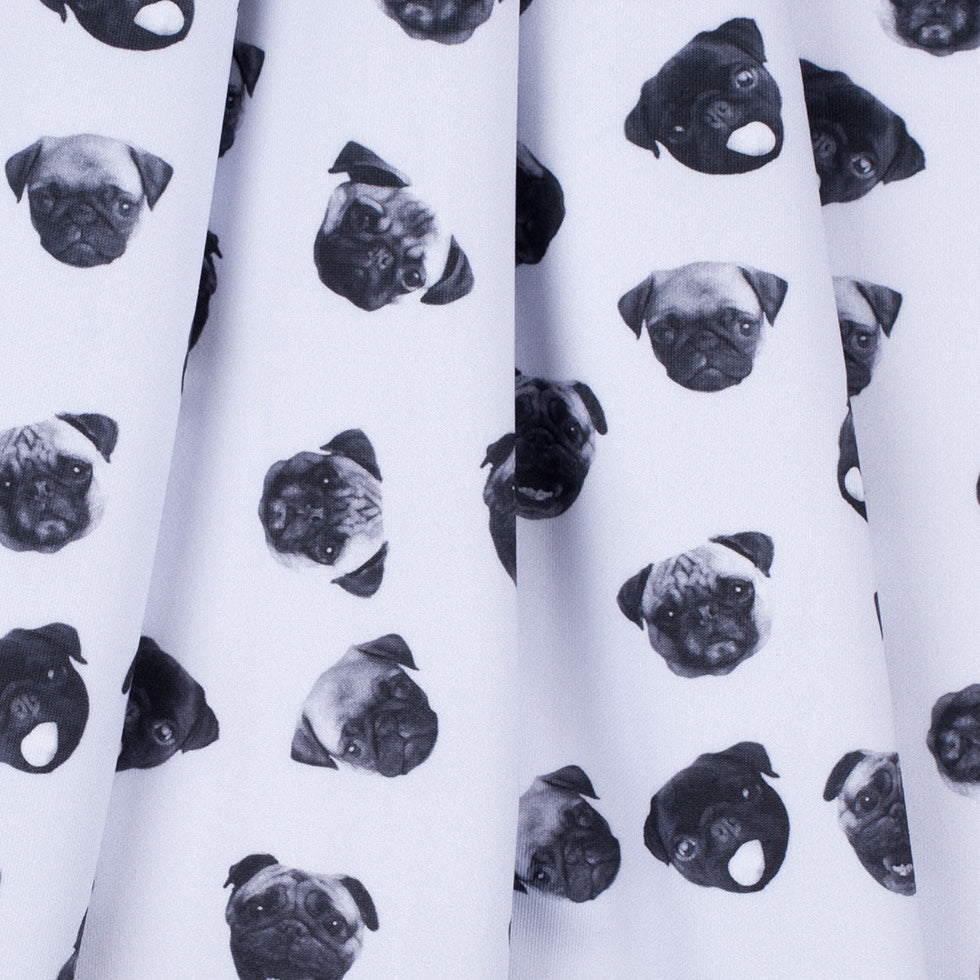Black/White Digitally Printed Pugs Stretch Neoprene/Scuba Knit Detail Black/White Digitally Printed Pugs Stretch Neoprene/Scuba Knit Detail