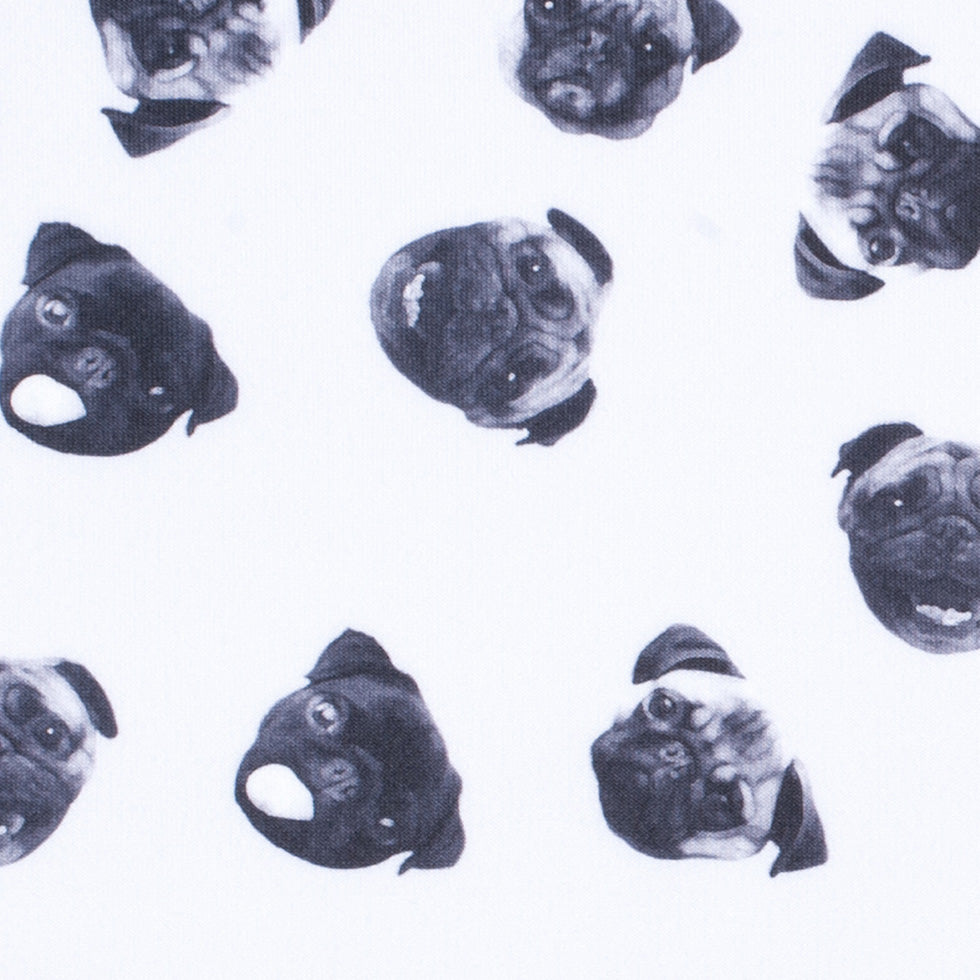 Black/White Digitally Printed Pugs Stretch Neoprene/Scuba Knit Full Black/White Digitally Printed Pugs Stretch Neoprene/Scuba Knit Full