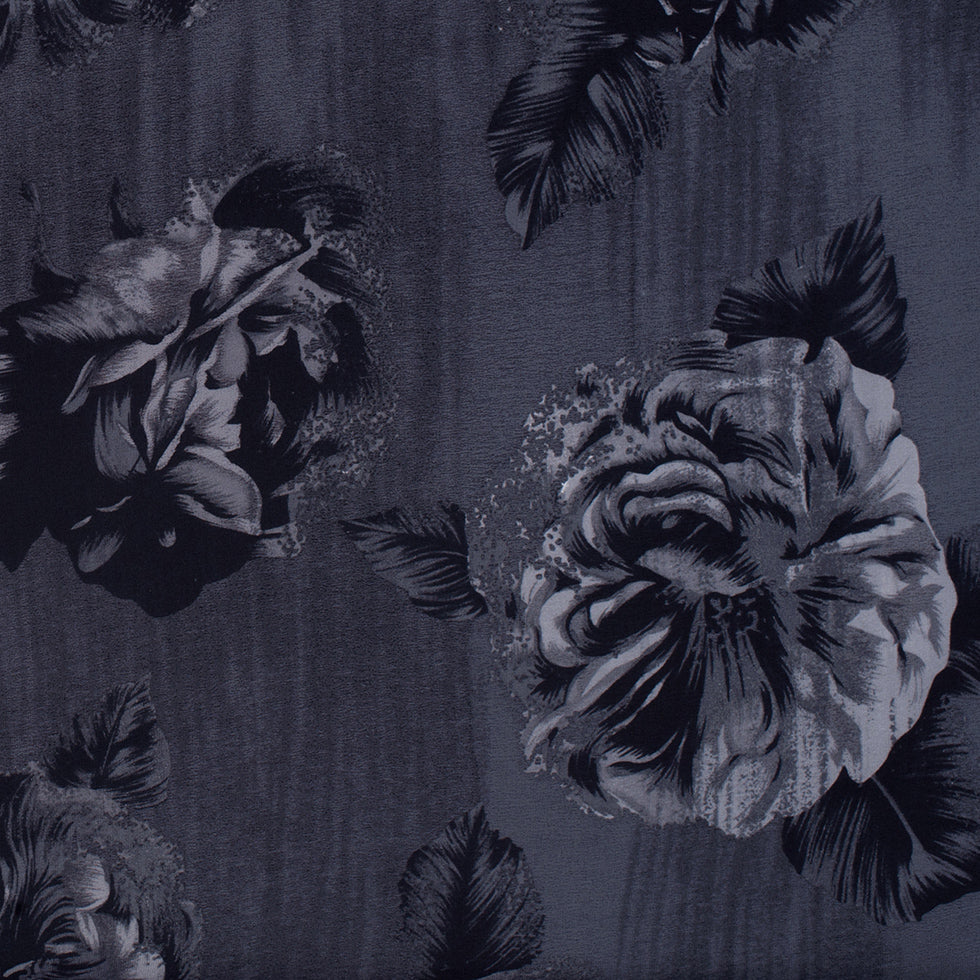 Black/Gray Floral Roses Silk Charmeuse Black/Gray Floral Roses Silk Charmeuse