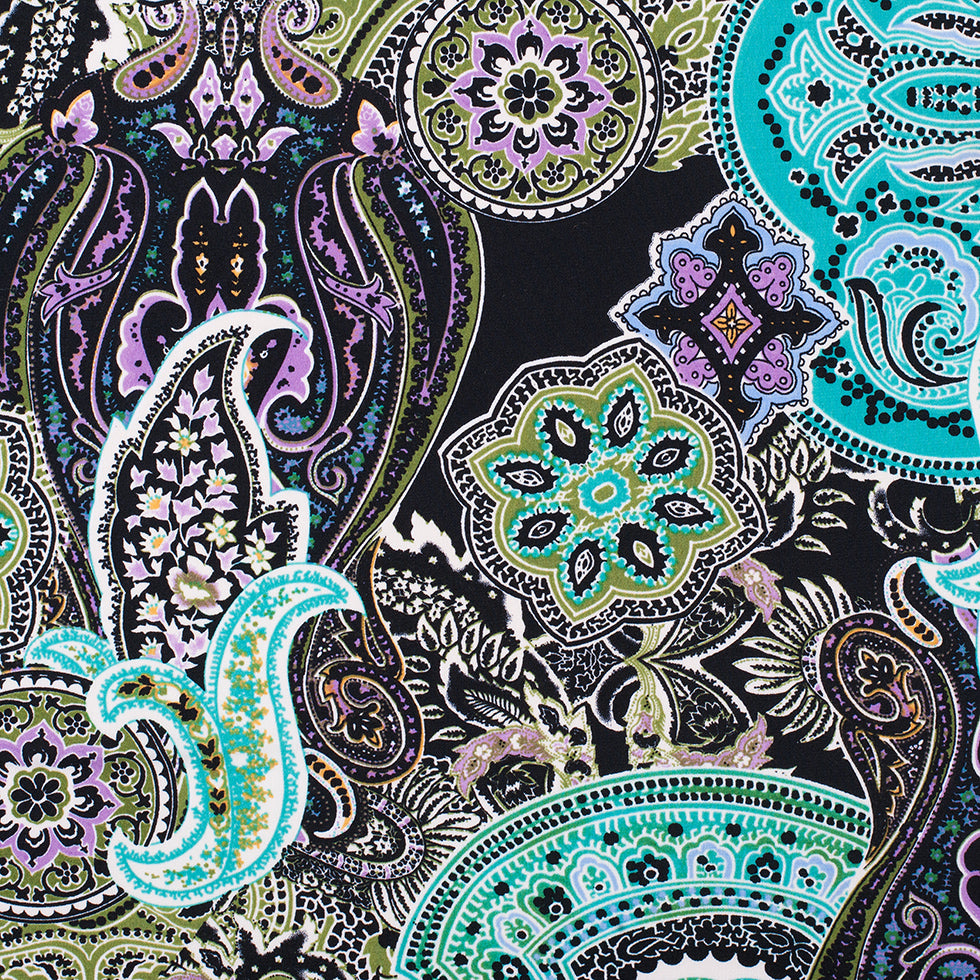 Turquoise/Purple/Black Paisley Stretch Polyester Jersey Turquoise/Purple/Black Paisley Stretch Polyester Jersey
