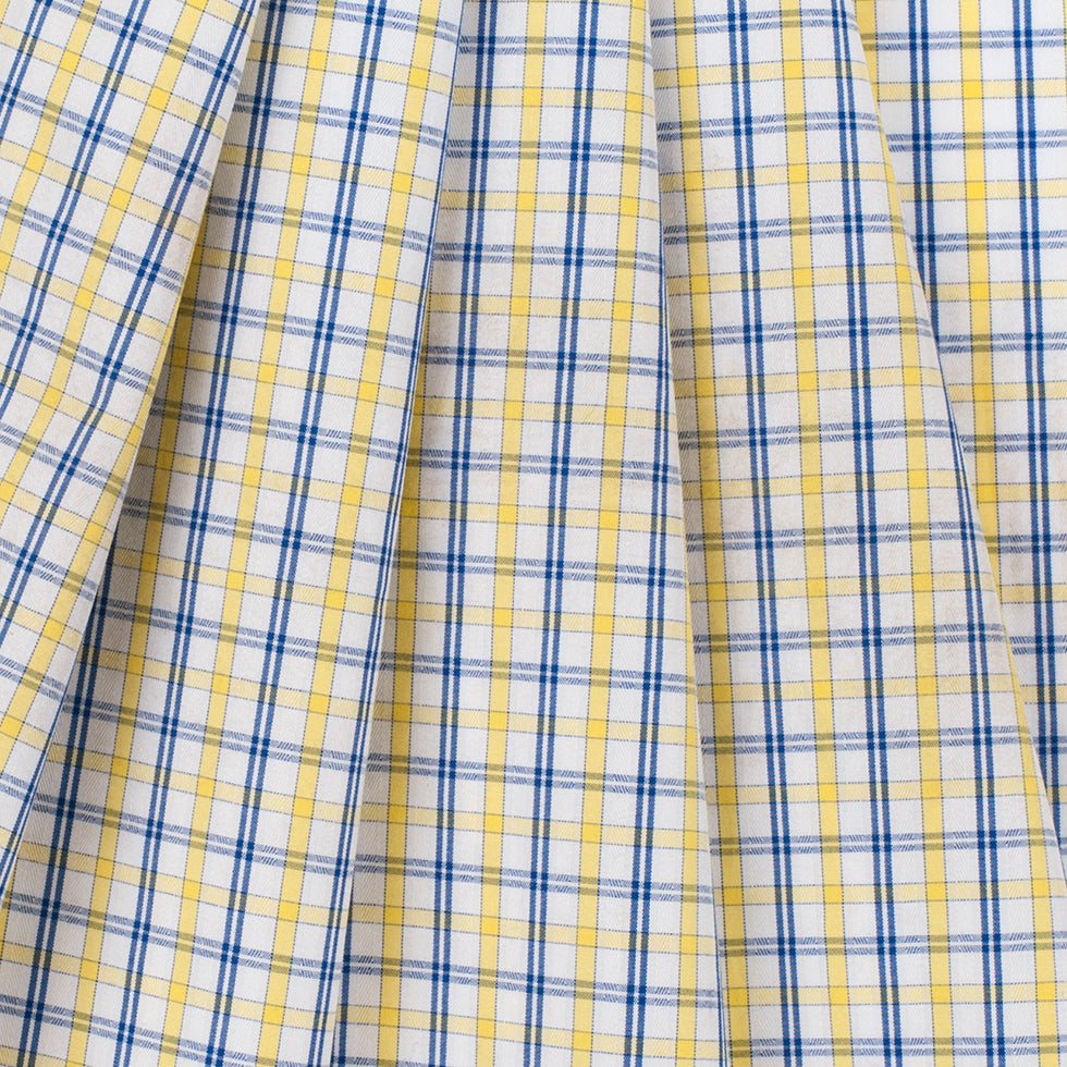 White/Primary Blue/Lemon Peel Plaid Cotton Shirting - Folded White/Primary Blue/Lemon Peel Plaid Cotton Shirting - Folded