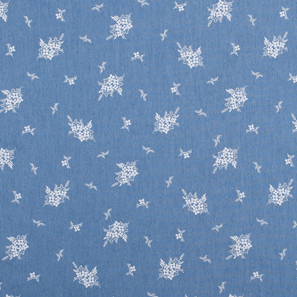 Dusted Blue Floral Bouquet Cotton-Poly Chambray Dusted Blue Floral Bouquet Cotton-Poly Chambray