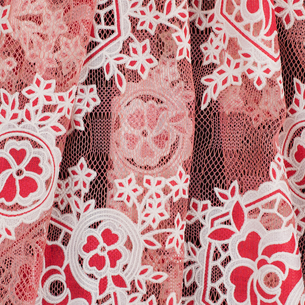 Famous NYC Designer Poppy/Oyster Floral Lace on Geometric Mesh - Folded Famous NYC Designer Poppy/Oyster Floral Lace on Geometric Mesh - Folded