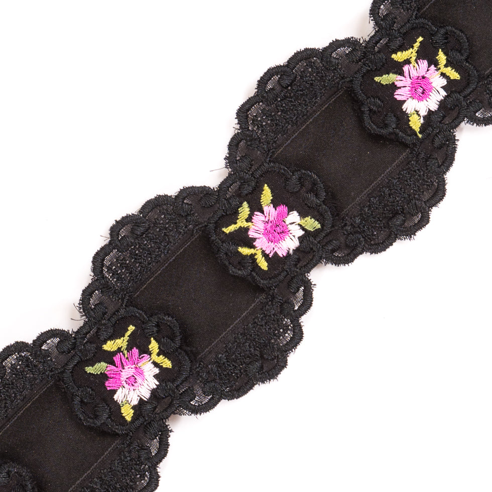 Black Raschel Lace Trimming with Satin Ribbon Detail - 2.25" Detail Black Raschel Lace Trimming with Satin Ribbon Detail - 2.25" Detail