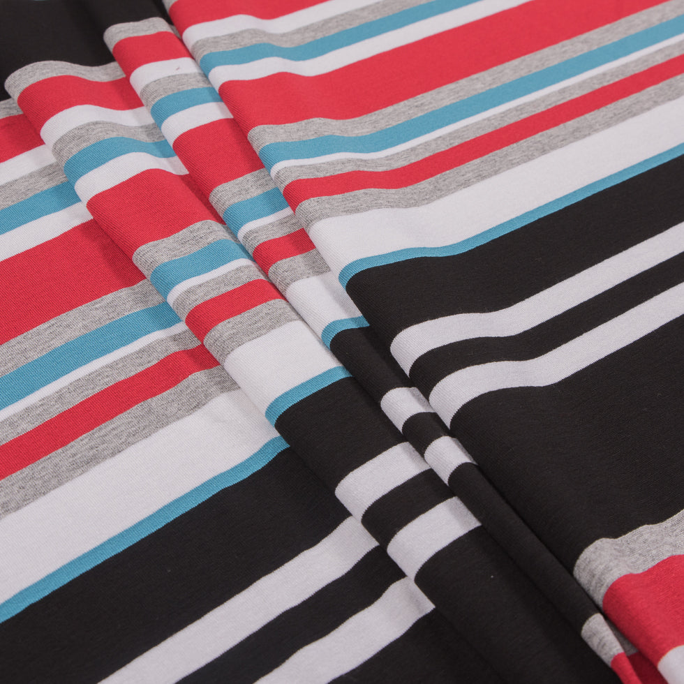 Bulgarian Red/Blue Barcode Striped Stretch Rayon Jersey Knit Folded Bulgarian Red/Blue Barcode Striped Stretch Rayon Jersey Knit Folded
