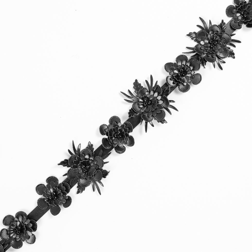 Black Faux Leather Flower Trim - 1.5