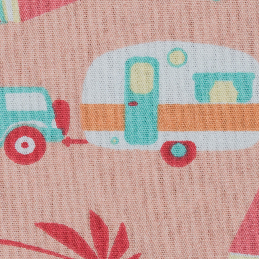 Scallop Shell/Persimmon Printed Trailers, Palm Trees, Ice Cream and Flamingos on Organic Cotton Poplin Detail Scallop Shell/Persimmon Printed Trailers, Palm Trees, Ice Cream and Flamingos on Organic Cotton Poplin Detail
