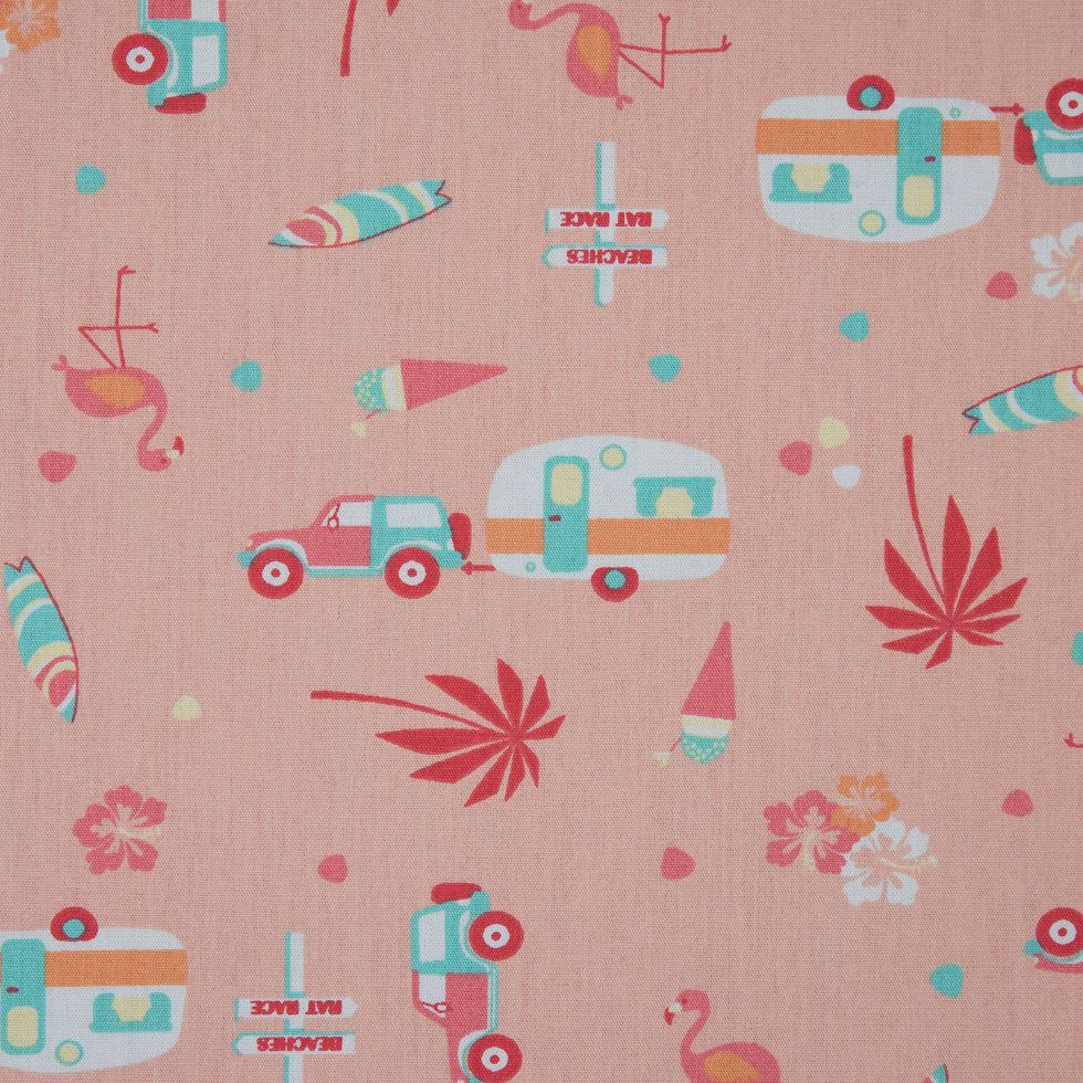 Scallop Shell/Persimmon Printed Trailers, Palm Trees, Ice Cream and Flamingos on Organic Cotton Poplin Scallop Shell/Persimmon Printed Trailers, Palm Trees, Ice Cream and Flamingos on Organic Cotton Poplin