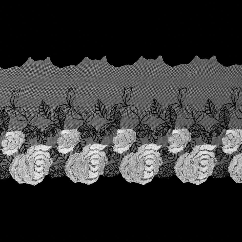 Black and White Floral Emboidery on Mesh - 5" Black and White Floral Emboidery on Mesh - 5"