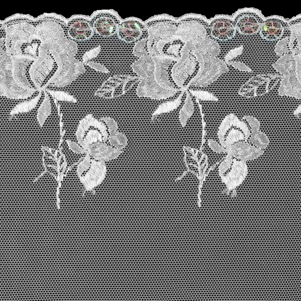White Floral Embroidery on Mesh with Sequins - 6" Detail White Floral Embroidery on Mesh with Sequins - 6" Detail