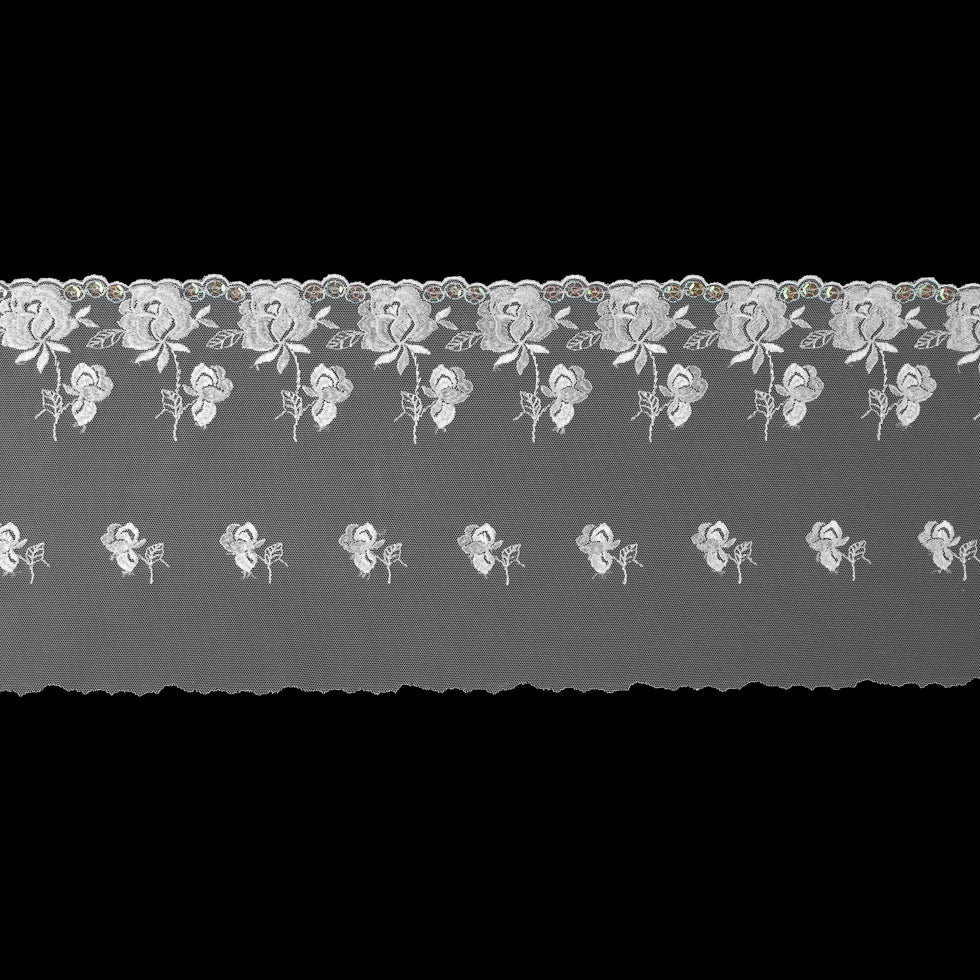 White Floral Embroidery on Mesh with Sequins - 6" White Floral Embroidery on Mesh with Sequins - 6"