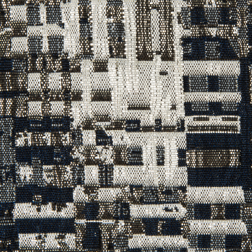 Metallic Silver/Patriot Blue/Ivory Abstract Geometric Polyester Brocade - Detail Metallic Silver/Patriot Blue/Ivory Abstract Geometric Polyester Brocade - Detail