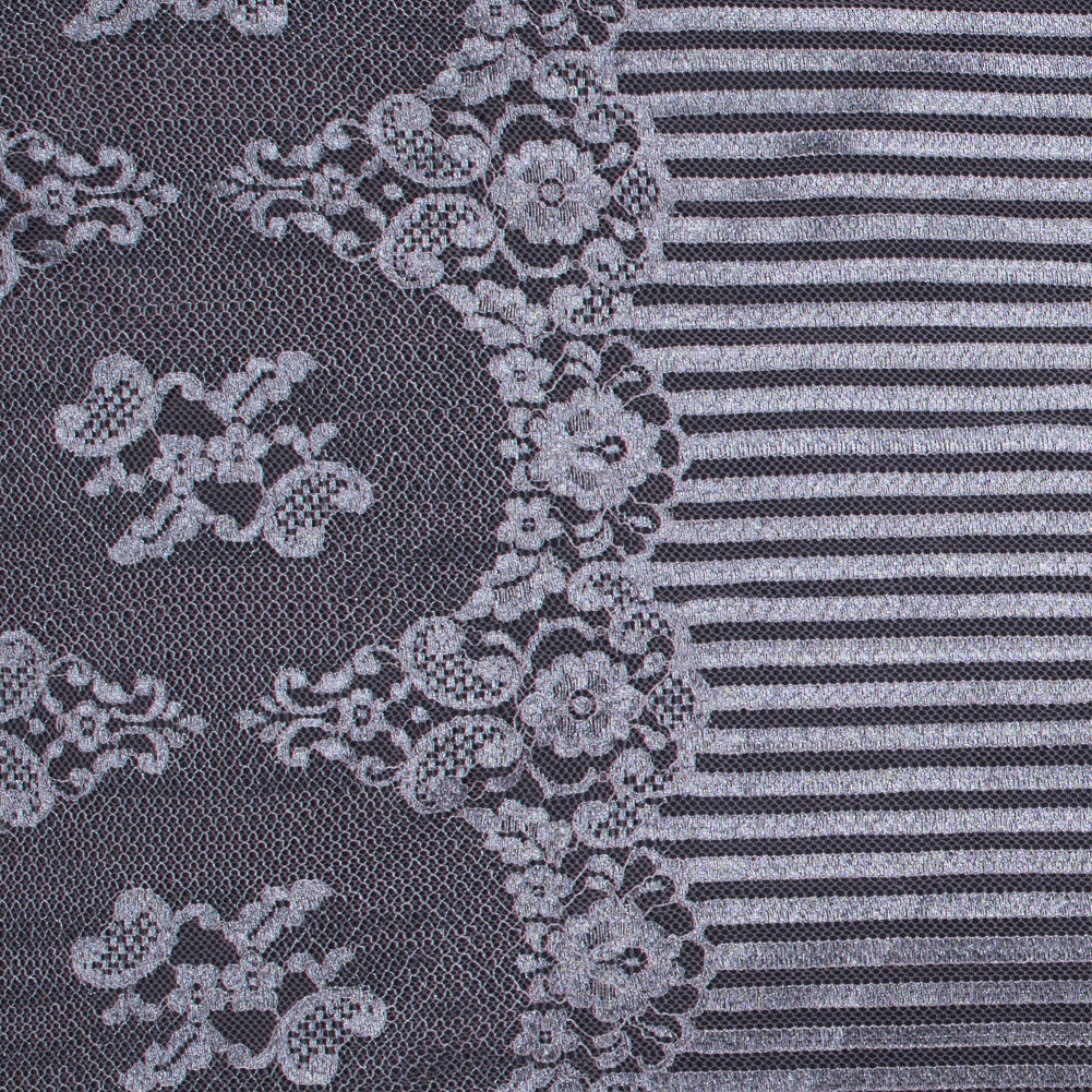 Lace with Scalloped Eyelash Edges - Rose and Metallic Silver Striped Floral Lace with Scalloped Eyelash Edges - Rose and Metallic Silver Striped Floral