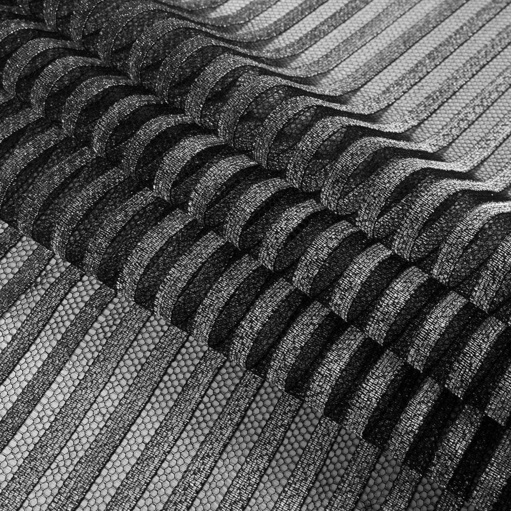 Lace with Scalloped Eyelash Edges - Black and Metallic Silver Striped Floral Folded Lace with Scalloped Eyelash Edges - Black and Metallic Silver Striped Floral Folded