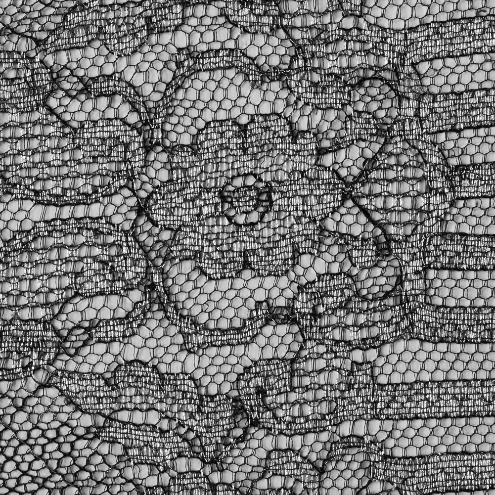 Lace with Scalloped Eyelash Edges - Black and Metallic Silver Striped Floral Detail Lace with Scalloped Eyelash Edges - Black and Metallic Silver Striped Floral Detail