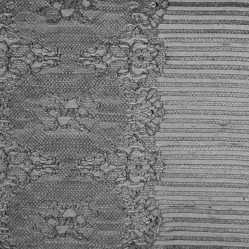 Lace with Scalloped Eyelash Edges - Black and Metallic Silver Striped Floral Lace with Scalloped Eyelash Edges - Black and Metallic Silver Striped Floral