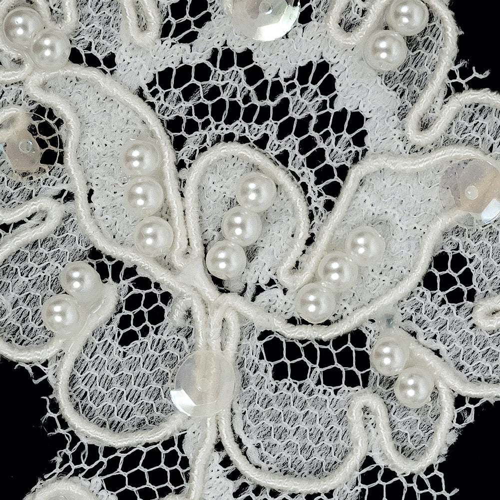 Cream Beaded, Sequined and Corded Lace Applique - 6" Detail Cream Beaded, Sequined and Corded Lace Applique - 6" Detail