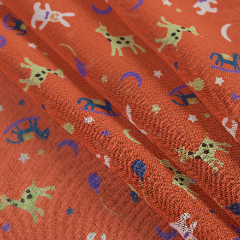 Rocking Horses, Balloons, Giraffes and more Printed on an Orange Chiffon - Folded Rocking Horses, Balloons, Giraffes and more Printed on an Orange Chiffon - Folded