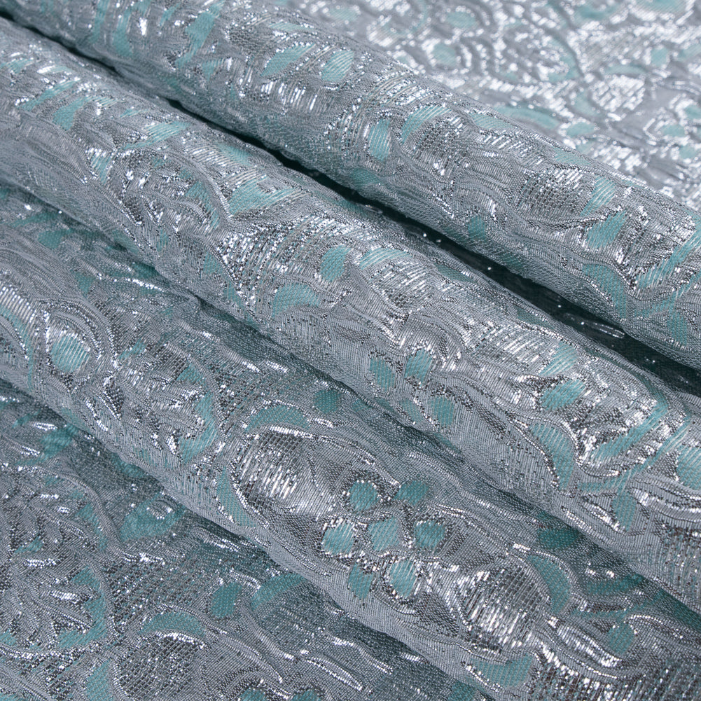 Turquoise/Silver Metallic Floral Brocade - Folded Turquoise/Silver Metallic Floral Brocade - Folded