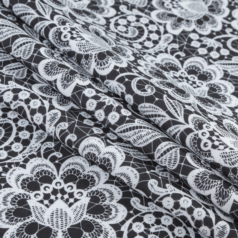White and Black Floral Lace Printed Stretch Neoprene/Scuba Knit Folded White and Black Floral Lace Printed Stretch Neoprene/Scuba Knit Folded