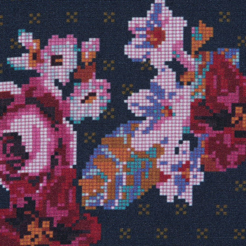 American Beauty, Nightshadow Blue and Tinsel Digital Flowers Printed on a Viscose Woven Full American Beauty, Nightshadow Blue and Tinsel Digital Flowers Printed on a Viscose Woven Full