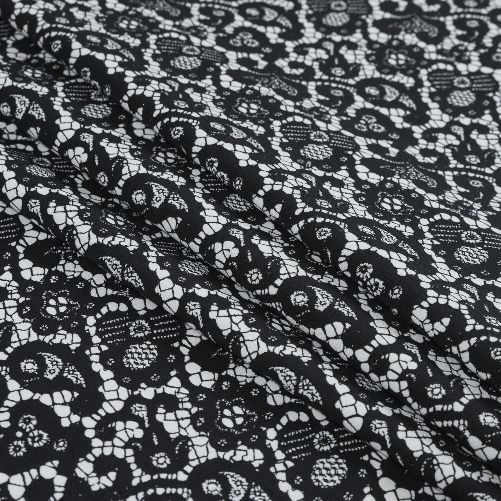 Black and White Floral and Paisley Lace Printed Cotton Shirting Folded