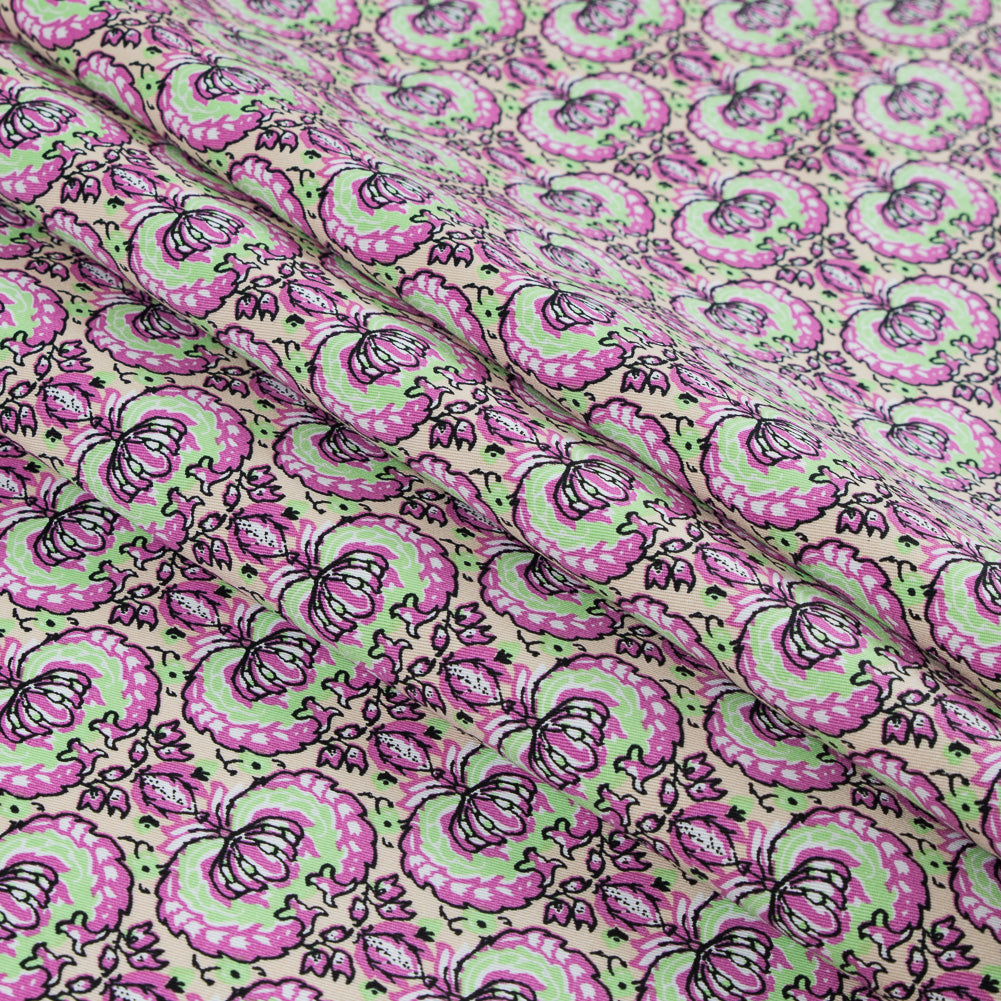 Phlox Pink and Green Flash Palmette Printed Stretch Cotton Twill Detail Phlox Pink and Green Flash Palmette Printed Stretch Cotton Twill Detail