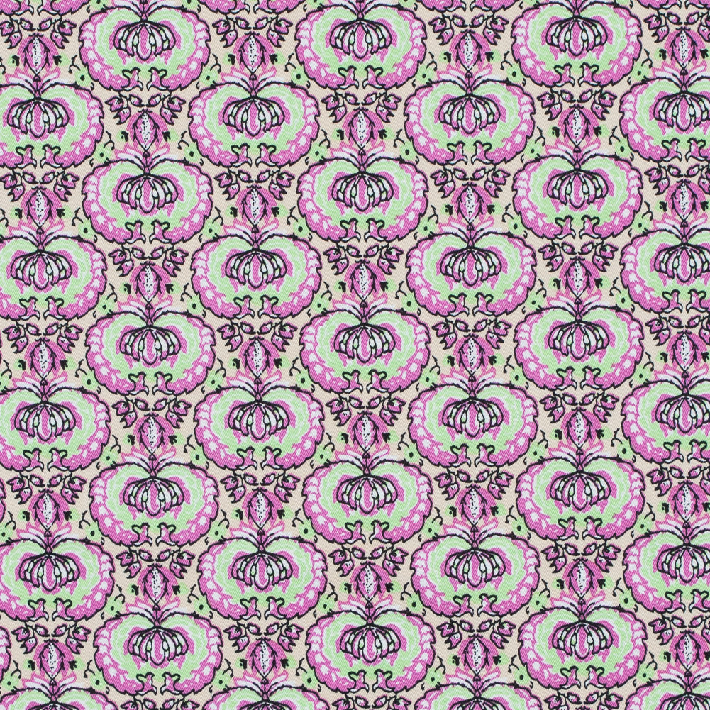 Phlox Pink and Green Flash Palmette Printed Stretch Cotton Twill Phlox Pink and Green Flash Palmette Printed Stretch Cotton Twill
