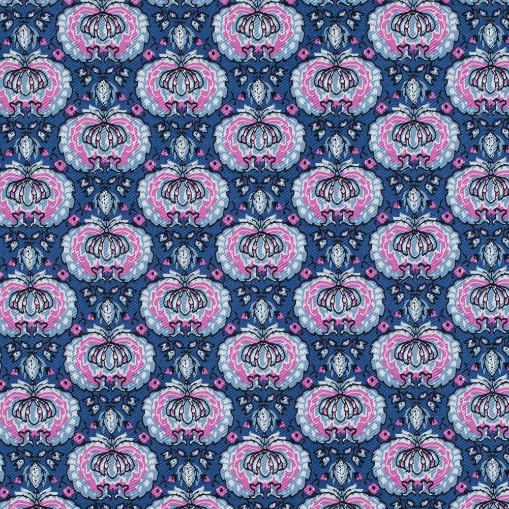 True Blue and Phlox Pink Palmette Printed Stretch Cotton Twill True Blue and Phlox Pink Palmette Printed Stretch Cotton Twill