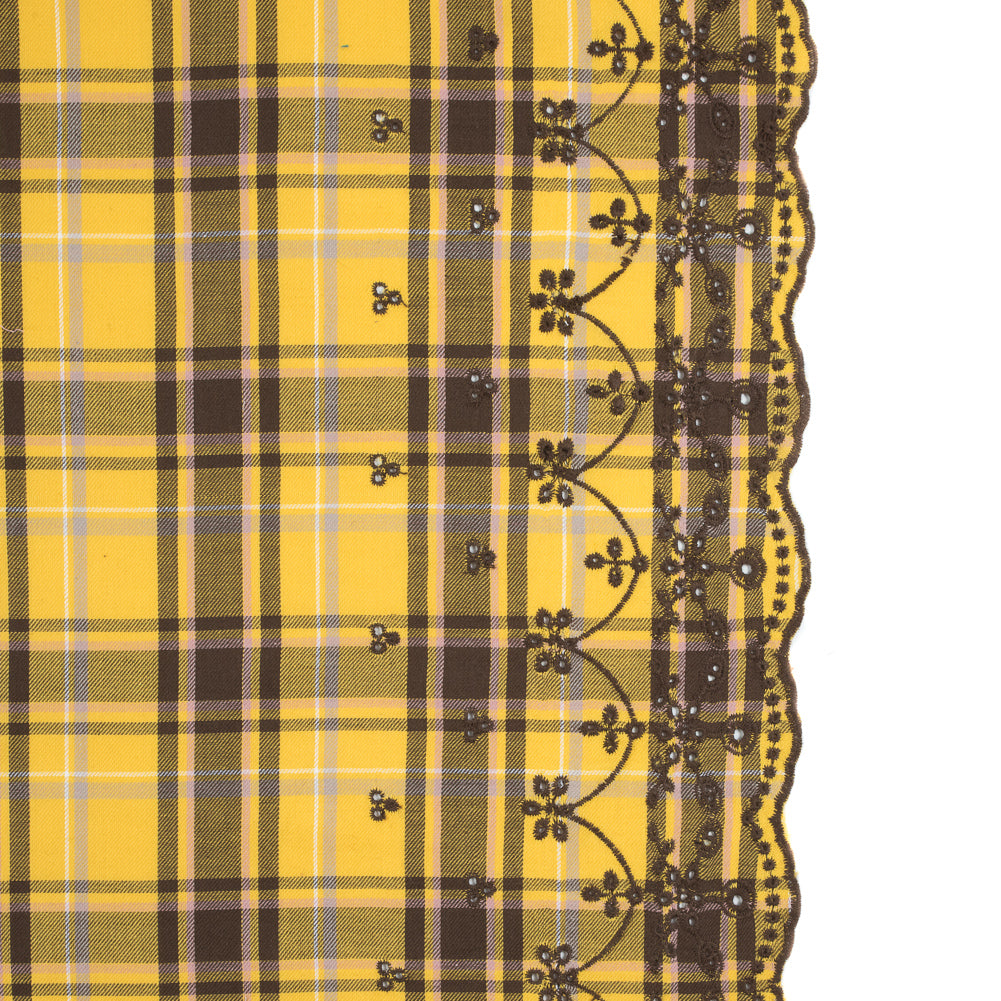 Daffodil Yellow Plaid Cotton Twill with Floral Eyelet Border Daffodil Yellow Plaid Cotton Twill with Floral Eyelet Border