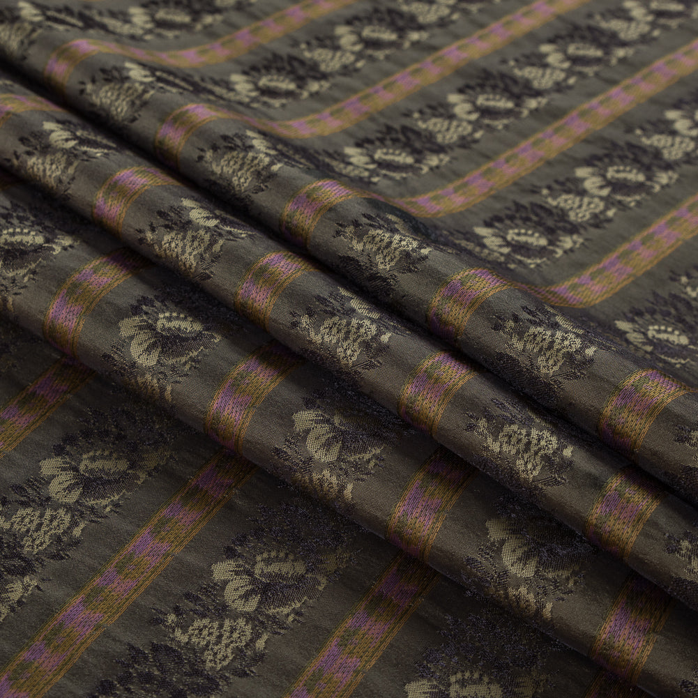 Olive Green Polyester Blend with Woven Floral Stripes - Folded Olive Green Polyester Blend with Woven Floral Stripes - Folded