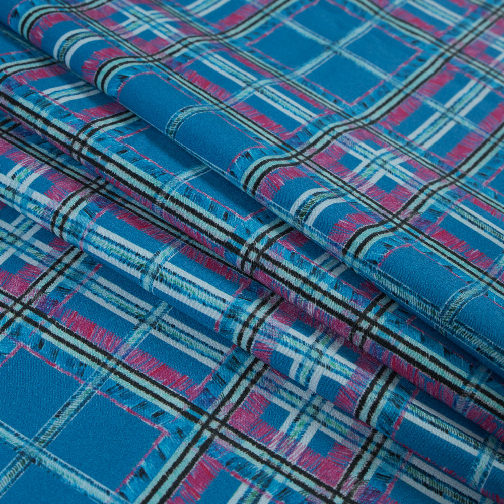 Blue and Pink Plaid Printed Stretch Cotton Sateen - Folded Blue and Pink Plaid Printed Stretch Cotton Sateen - Folded