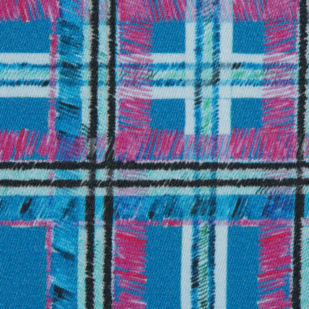 Blue and Pink Plaid Printed Stretch Cotton Sateen - Detail Blue and Pink Plaid Printed Stretch Cotton Sateen - Detail