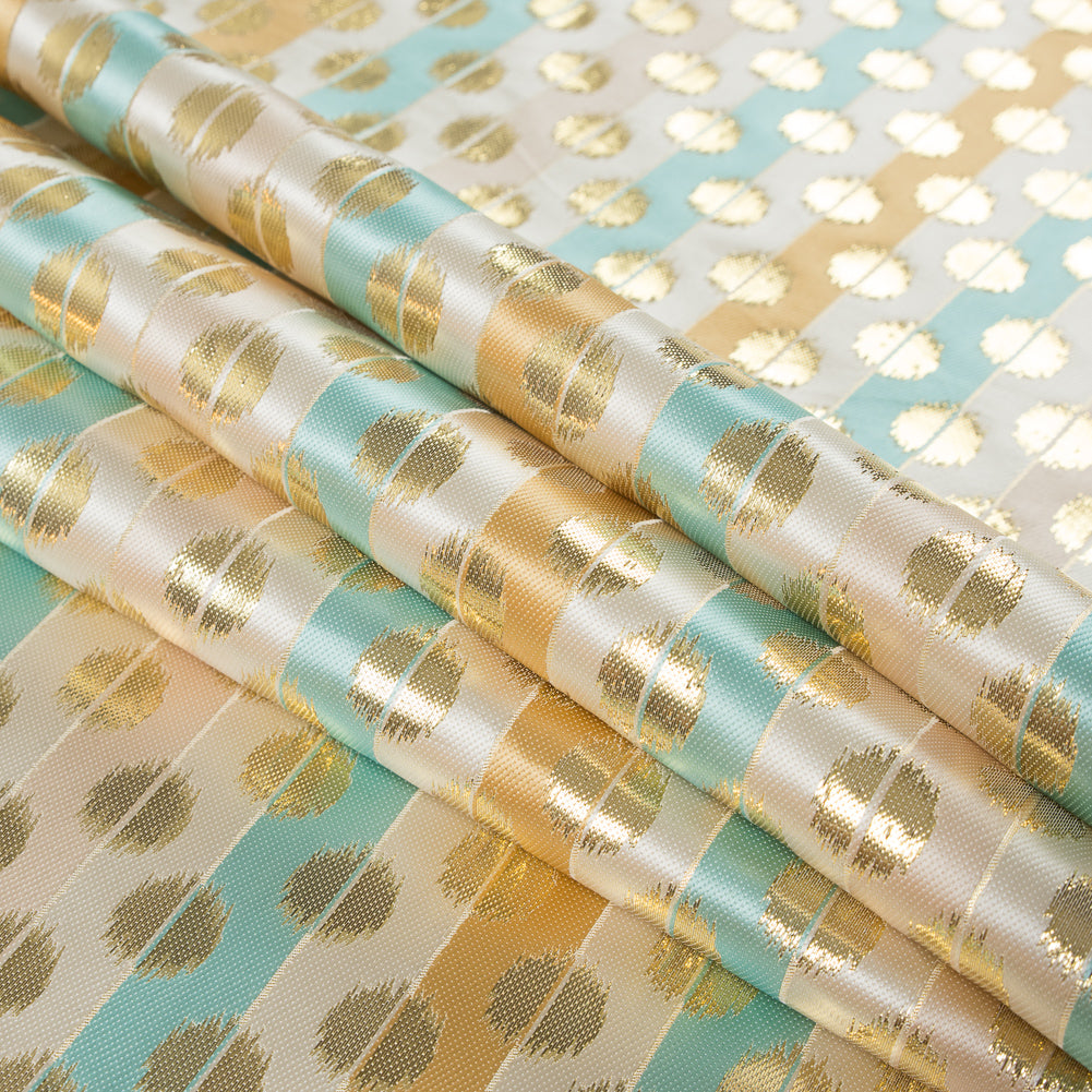 Aqua Sky, Ochre and Metallic Gold Polka Dotted and Striped Brocade Folded Aqua Sky, Ochre and Metallic Gold Polka Dotted and Striped Brocade Folded