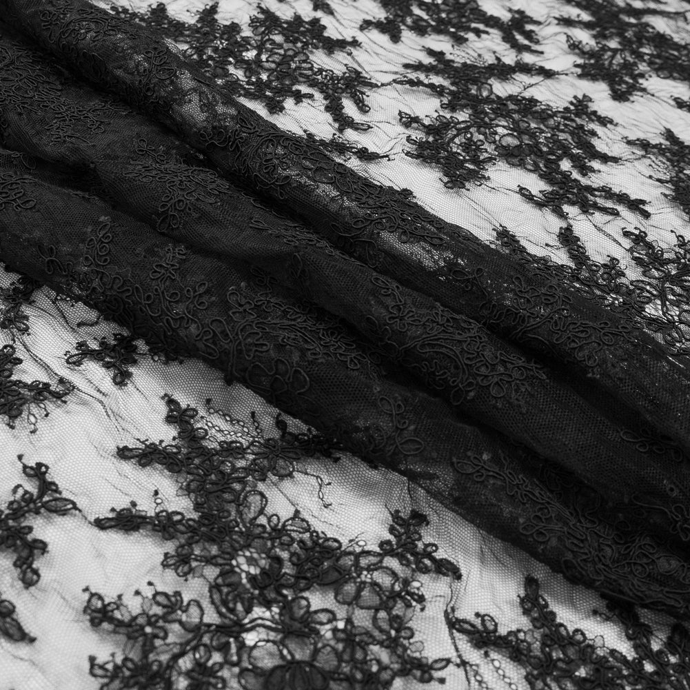 Corded Lace Panel With Finished Edges - Black Floral Fancy Border - 3 yards Folded Corded Lace Panel With Finished Edges - Black Floral Fancy Border - 3 yards Folded