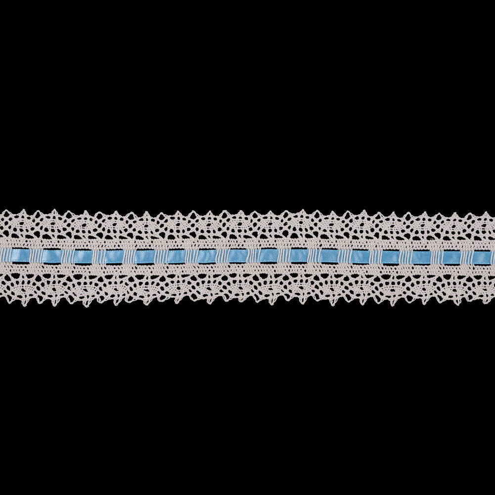 Cream Crochet Trim with Blue Ribbon - 2.25" Cream Crochet Trim with Blue Ribbon - 2.25"