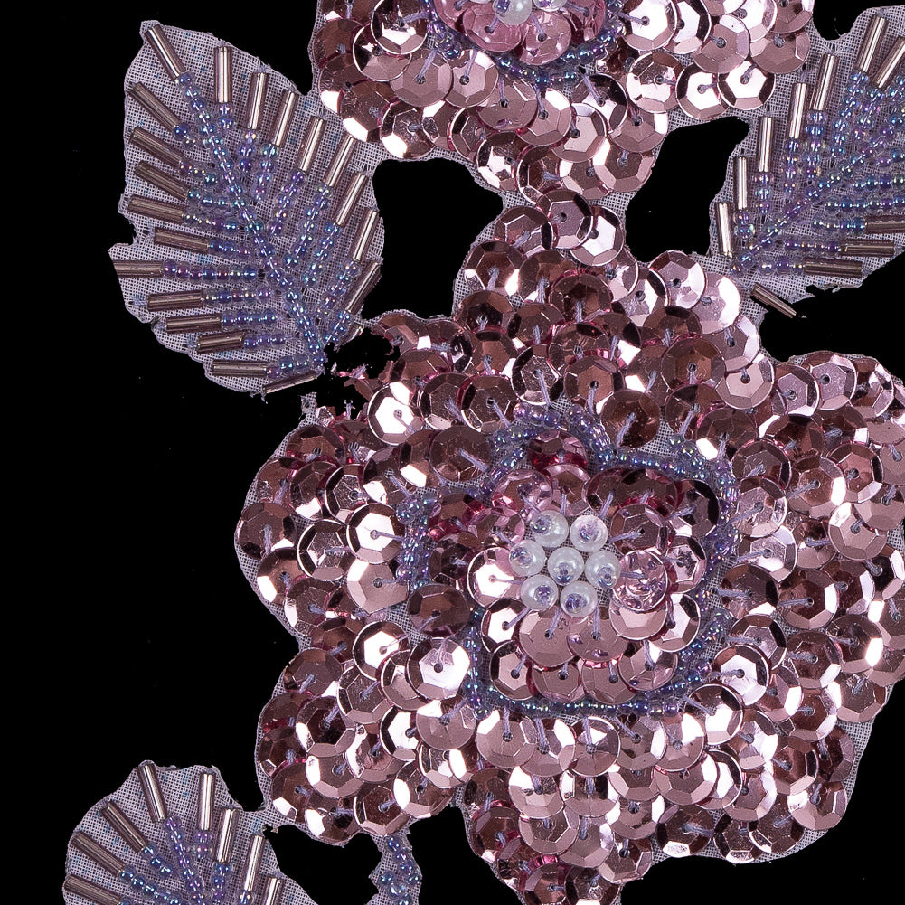 Pink Beaded and Sequined Floral Applique - 8" x 4" Detail Pink Beaded and Sequined Floral Applique - 8" x 4" Detail