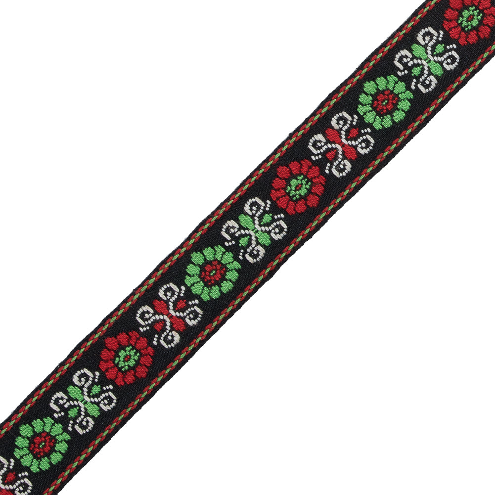 Red and Green Floral German Jacquard Ribbon - 0.75" Detail Red and Green Floral German Jacquard Ribbon - 0.75" Detail