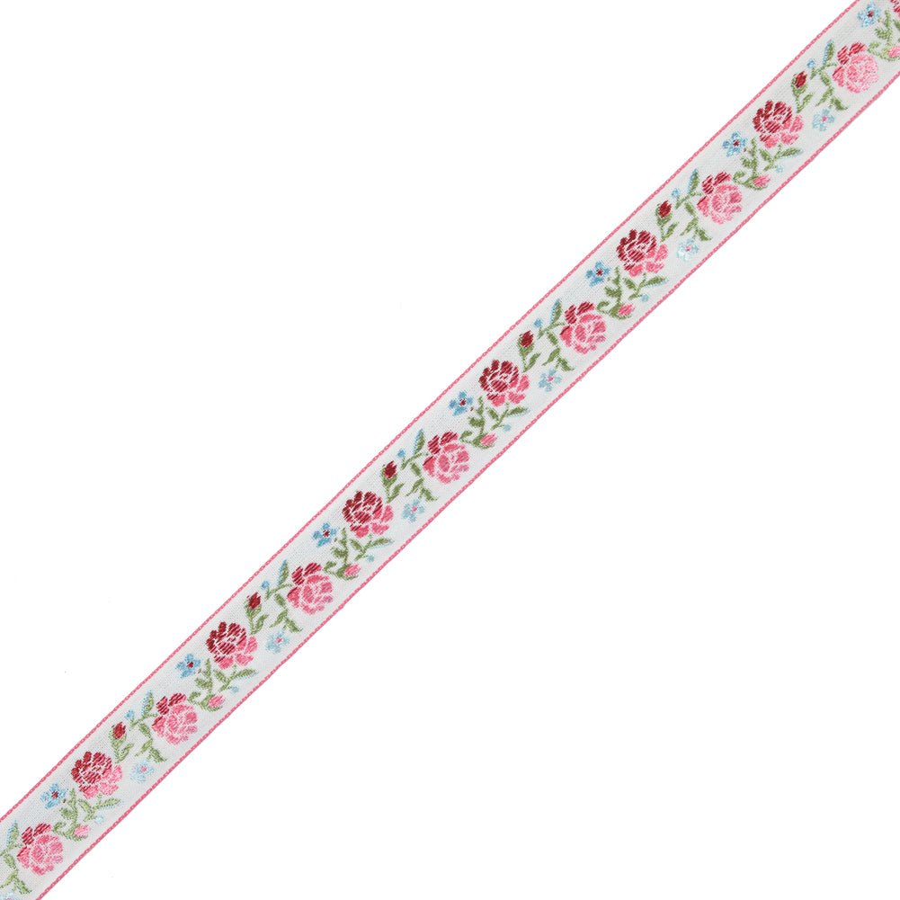 German Pink and Green Floral Jacquard Ribbon - 0.875" German Pink and Green Floral Jacquard Ribbon - 0.875"