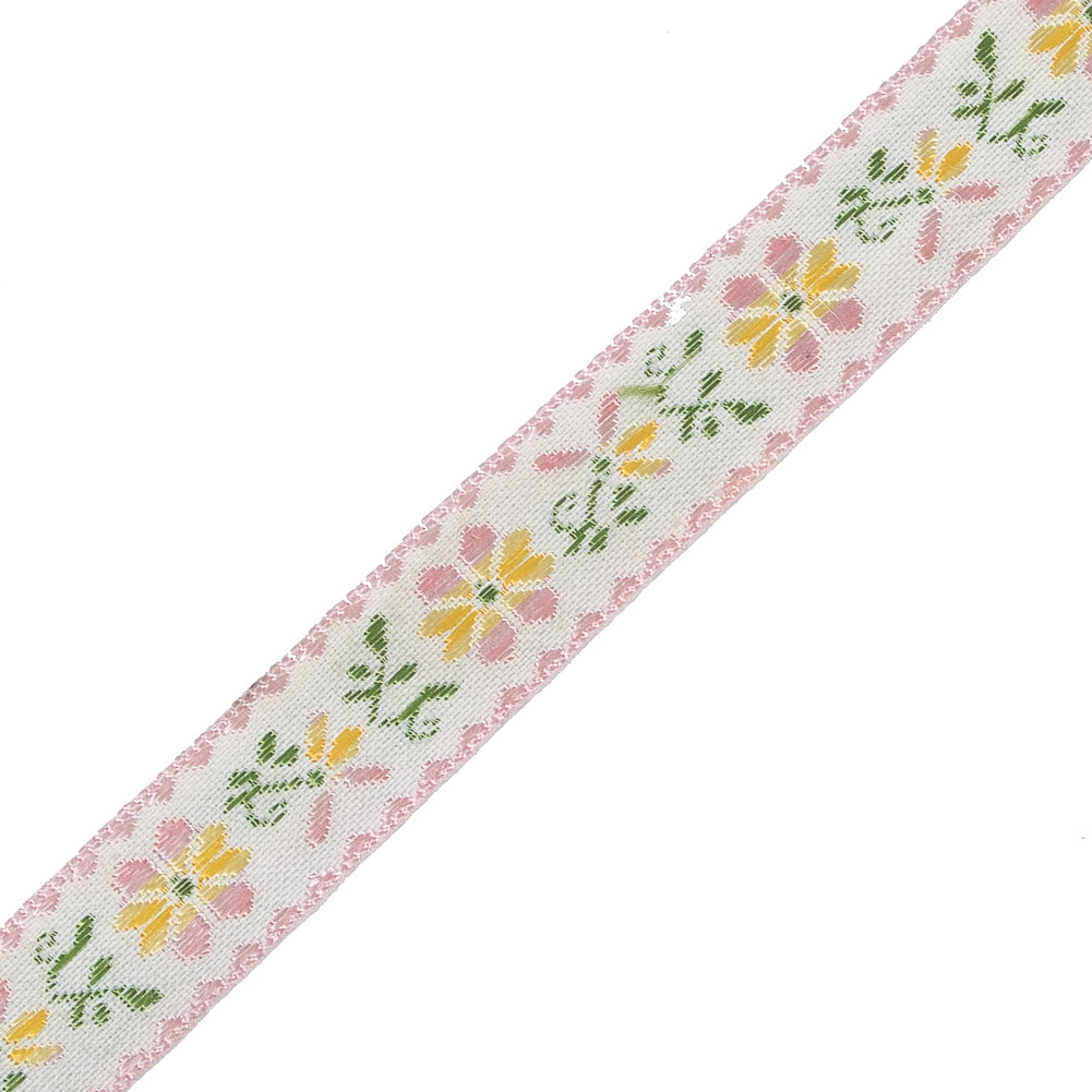 Pink, Yellow and Green Floral German Jacquard Ribbon - 0.625" Detail Pink, Yellow and Green Floral German Jacquard Ribbon - 0.625" Detail